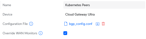 Screenshot of the limited BGP configuration UI in Unifi Cloud Gateway showing an editable name, a replaceable configuration file and 'Override WAN Monitors'